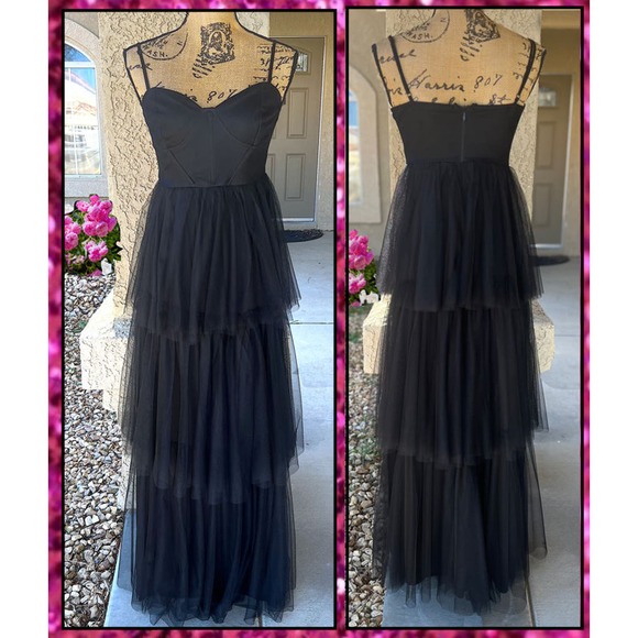 Lulus Rule the Runway Black Tulle Bustier Tiered Maxi Dress Size L - Picture 7 of 9
